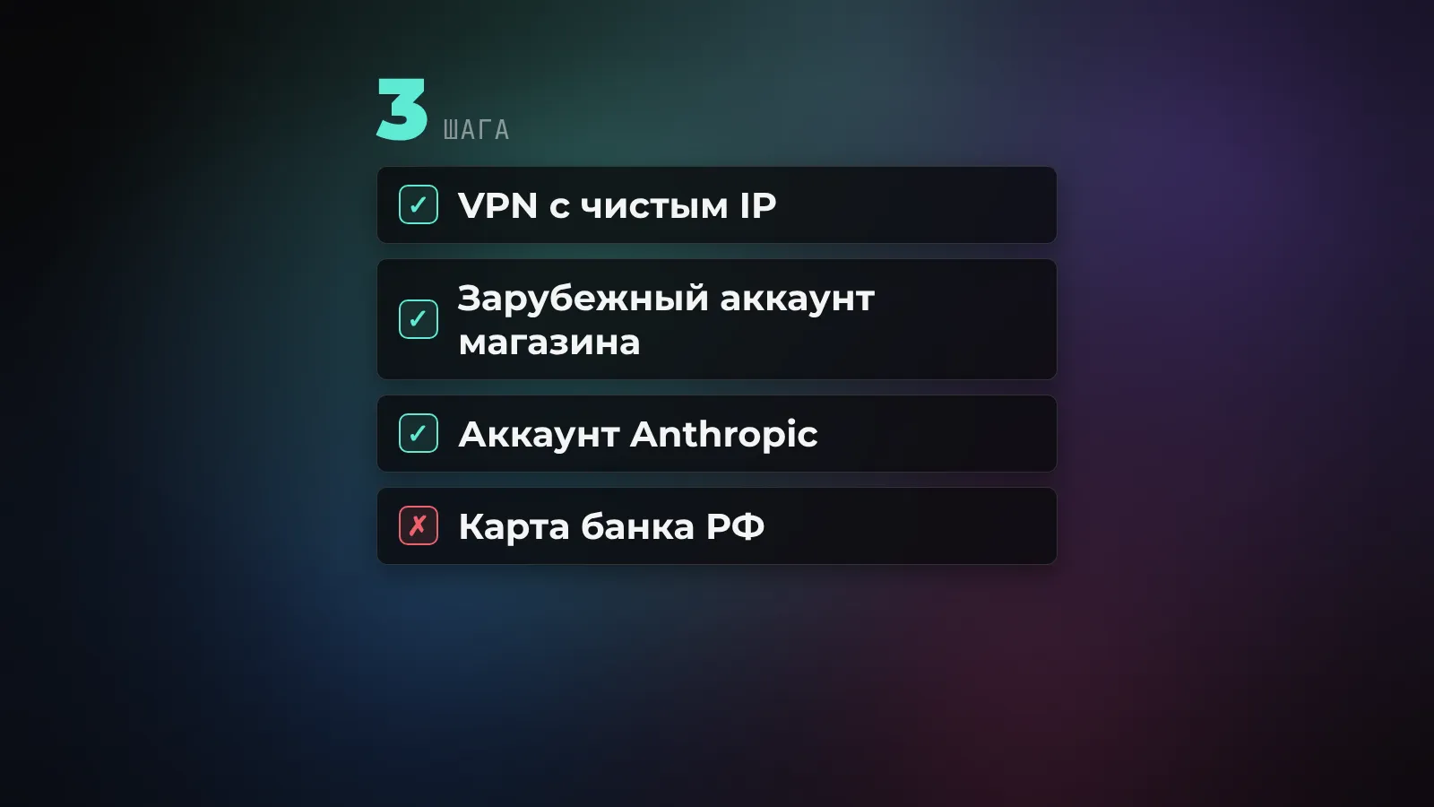 Что нужно до установки Claude из России: чек-лист из VPN с чистым IP, зарубежного аккаунта магазина и аккаунта Anthropic отмечен галочками, оплата картой российского банка отмечена крестом как неработающий пункт