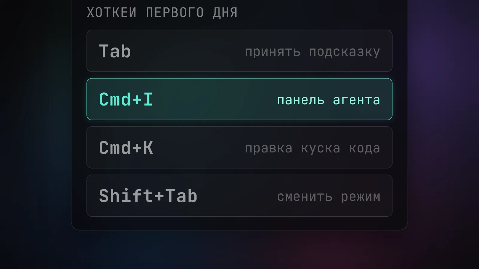Хоткеи Cursor, которые закрывают первый день: Tab, Cmd+I, Cmd+K и Shift+Tab
