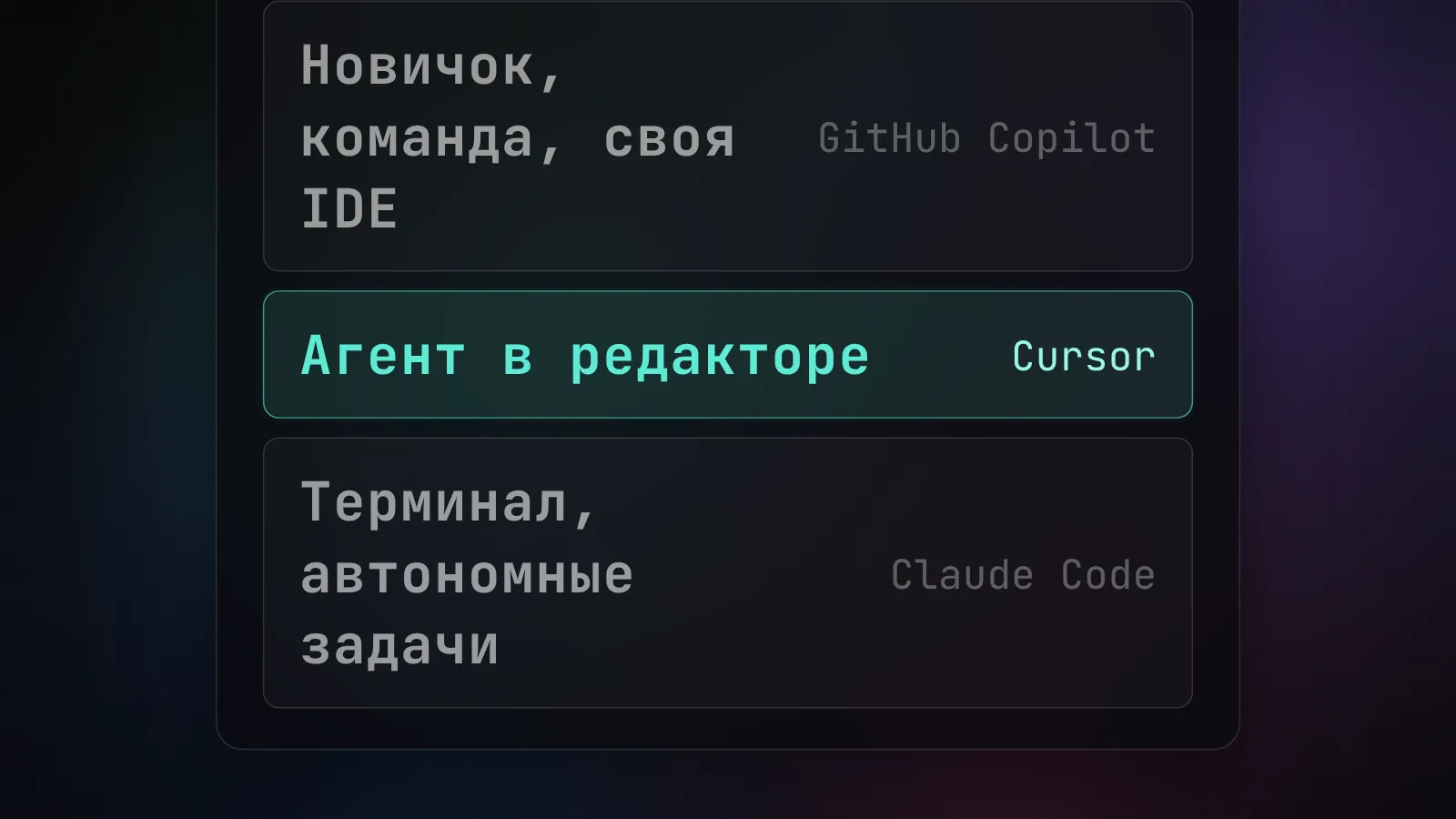 Профиль разработчика и подходящий инструмент: новичку и команде - Copilot, агентная работа в редакторе - Cursor, терминал и автономные задачи - Claude Code