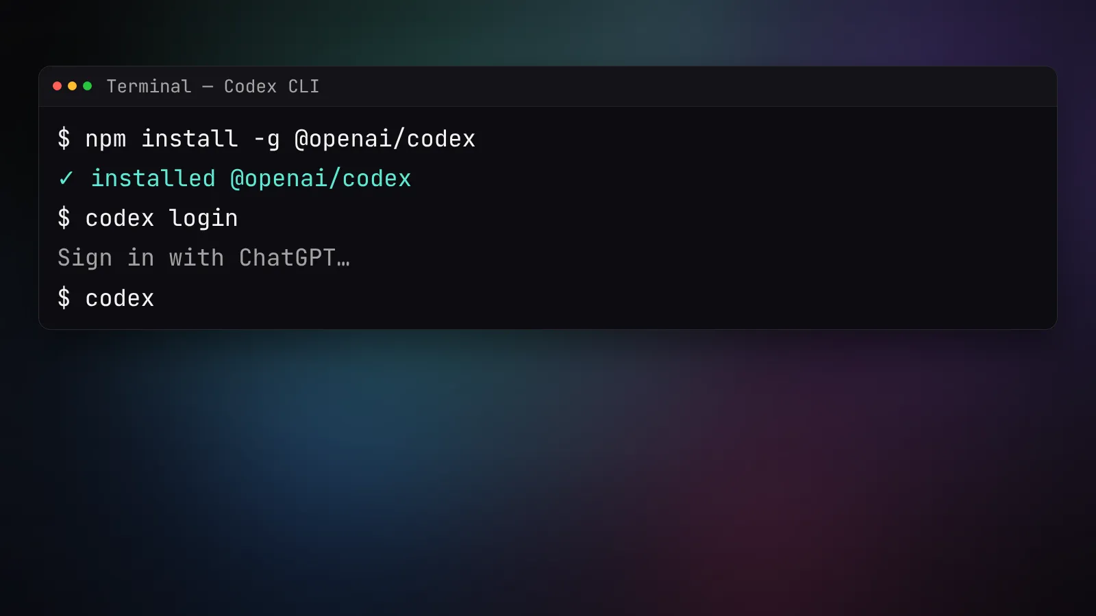 Терминал: установка Codex CLI через npm install -g @openai/codex, вход командой codex login и запуск codex