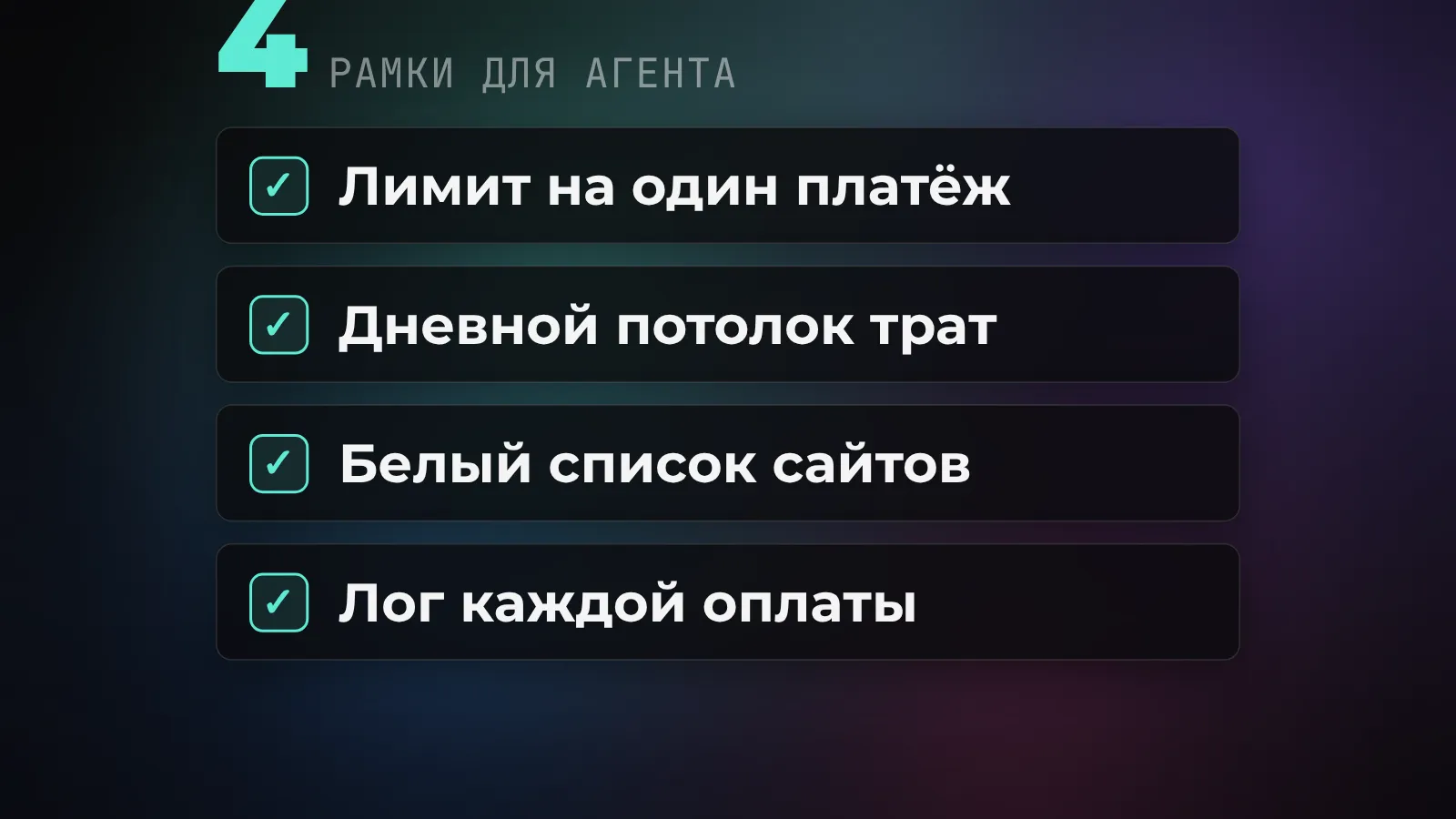 Рамки для платящего агента: лимит на один платёж, дневной потолок, белый список сайтов, логи каждой оплаты